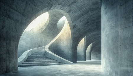 A sleek concrete building features flowing staircases and archways, blending minimalist design with elegant curves, ideal for contemporary architecturの写真素材