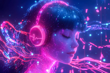 A cyber-inspired female figure with luminous headphones immersed in vibrant music waves, set against...