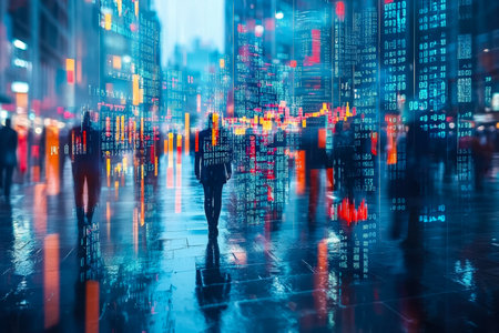 Urban night scene featuring pedestrians amid glowing signs, illuminated buildings, and dynamic financial data visuals blending into the city's energy.の写真素材