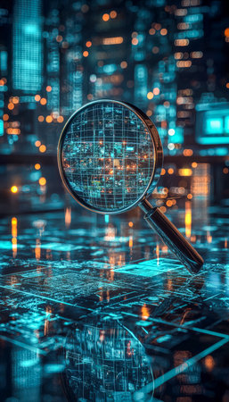 A vibrant futuristic urban scene with a prominent magnifying glass highlighting complex holographic data streams over the glowing city skyline.の写真素材