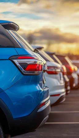 Sleek, contemporary vehicles align neatly on a dark asphalt lot as a vibrant sunset paints the sky...