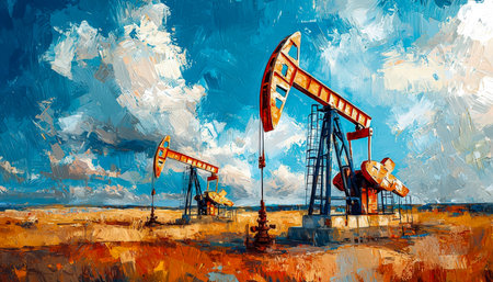 Massive mechanical structures rhythmically extract underground resources amid a somber sky, highlighting energy industry?s relentless pursuit beneathの写真素材