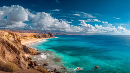 Vibrant coastal scene featuring towering cliff formations, a golden shoreline, shimmering azure...
