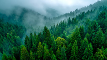 Dense pine trees blanket rolling mountains, shrouded in morning mist, creating a tranquil,...