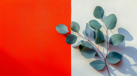A solo eucalyptus stem rests subtly on a vibrant, textured wall, creating a balanced harmony of natural simplicity and bold urban backdrop.の写真素材