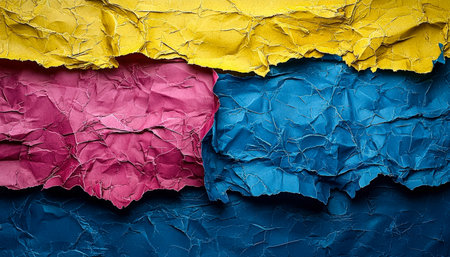 Vibrant pastel-colored tissue paper, gently crumpled, creating a dynamic mix of cheerful yellow, soft pink, sky blue, and deep navy hues.の写真素材