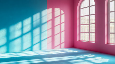 A vibrant, sunlit space featuring expansive arched windows creating striking geometric shadow patterns, perfect for lively and creative settings.の写真素材