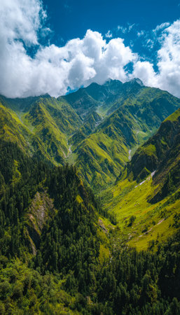 Verdant mountain basin under a tumultuous sky, showcasing rolling greenery, rugged peaks, and a moody atmosphere perfect for nature and adventure themの写真素材