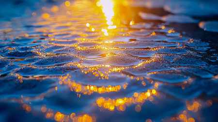 Warm hues of sunset illuminated shimmering water droplets on damp sand, creating a tranquil scene of...