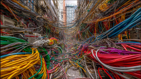 A vibrant chaos of intertwined wires and cords paints a lively, gritty urban backdrop, emphasizing texture, color, and the complexity of city life.の写真素材