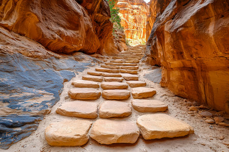 A winding stone trail cuts through vibrant orange and blue cliffs, evoking tranquility and adventure in a rugged desert landscape.の写真素材