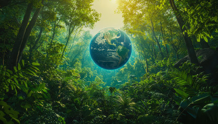 A glowing digital globe hovers above vibrant jungle foliage, sunlight streams through canopy leaves, blending technology with untouched nature.の写真素材