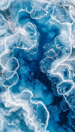 A vivid depictal of frozen ice merging with flowing water, showcasing complex patterns and luminous...