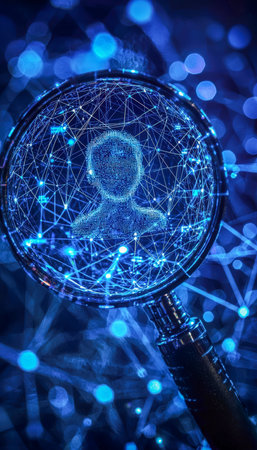 A high-tech concept featuring a digital human silhouette magnified, set against a luminous blue network web, evoking advanced ai and connectivity themの写真素材