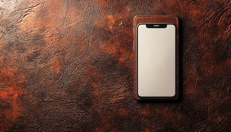 A sleek modern device encased in rich leather rests atop a textured dark brown background, evoking sophistication and style in minimalist composition.の写真素材
