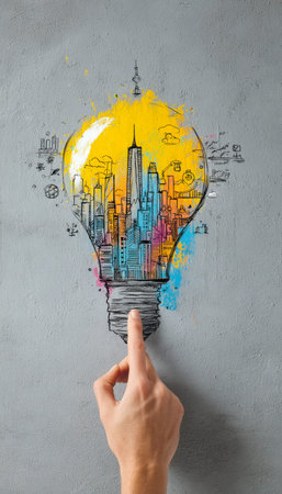 A vibrant illustration of an urban skyline enclosed within a glowing light bulb, symbolizing...