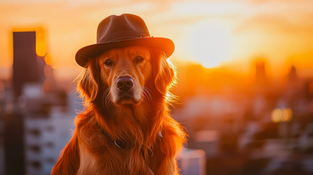 A cheerful golden retriever sports a stylish fedora, basking in warm sunset glow amidst cityscape, creating a charming and fashionable urban scene.の写真素材