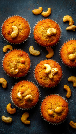 Warm, golden cupcakes adorned with crunchy cashew nuts lie artfully scattered on a rich, textured dark background, evoking a cozy, indulgent mood.の写真素材
