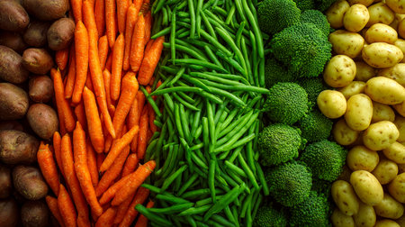 Vibrant rows of farm-fresh produce display a variety of root vegetables, crisp greens, and tender...