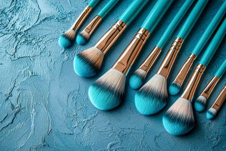 An elegant array of vibrant blue beauty brushes arranged artistically on a textured blue backdrop,...