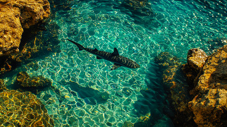A sleek shark slices through pristine turquoise waves near rugged cliffs, evoking power and grace in a vibrant, natural seascape.の写真素材