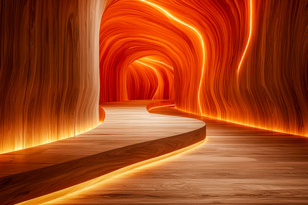 A cozy, secluded pathway curving through a handcrafted wooden archway, enchanted by soft amber light, evoking warmth and tranquil exploration.の写真素材