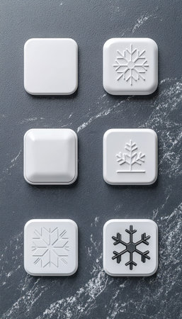 Six sleek white toggle switches adorned with snowflake and holiday tree icons rest on a textured...