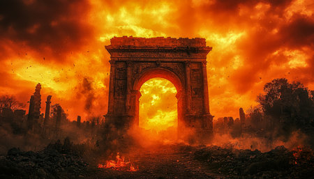 A centuries-old arch stands amid swirling flames and dense smoke, casting a somber silhouette against a blazing sunset sky, evoking chaos and despair.の写真素材