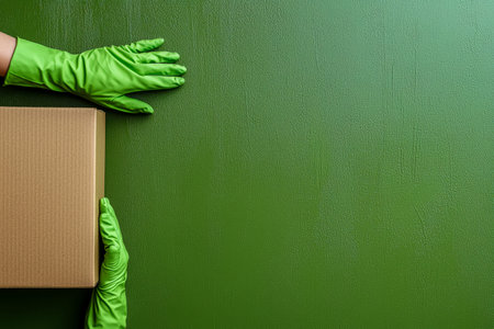 A worker in vibrant green gloves cradle a plain cardboard package atop a matching green surface, conveying freshness, eco-friendliness, or handling cの写真素材