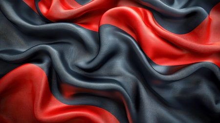 A textured blend of dark black with vibrant red streaks, showcasing smooth, flowing synthetic material ideal for fashion, accessories, or innovative dの写真素材