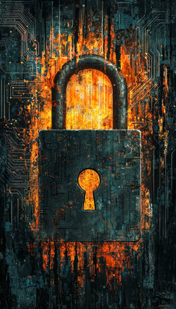 A sleek digital padlock stands against a vibrant, glowing circuit board ablaze with fiery red and orange hues, evoking themes of advanced cybersecurityの写真素材