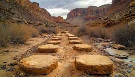 A rugged pathway winding through arid cliffs, dotted with loose stones and sparse desert foliage,...