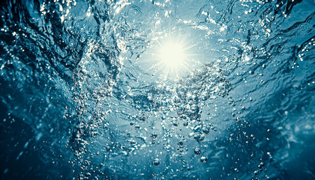 Bright sunlight filters through shimmering water, creating a tranquil scene dotted with floating bubbles and illuminating the underwater environment.の写真素材