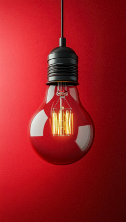 An industrial-style glow pendant illuminates a vibrant crimson wall, highlighting the vintage...