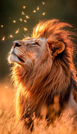 A regal lion with a flowing mane stands against a fiery sunset, with shimmering sparks dancing around, evoking power and serenity in harmony.の写真素材