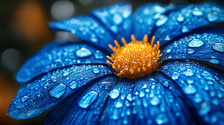 A vibrant blue daisy with glistening water droplets adorning its delicate petals, capturing fresh beauty and serene elegance in nature's details.の写真素材
