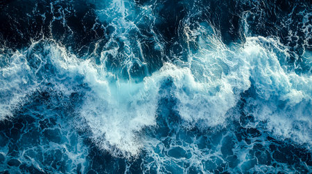 Vigorous sea currents crash against each other, creating frothy white caps and a striking contrast...