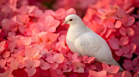 A gentle white bird rests amidst lush pink clustered blooms, evoking peace, purity, and delicate beauty in a serene garden setting.の写真素材
