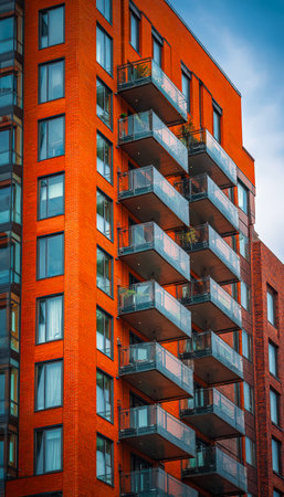 A sleek urban residence showcasing bold red brickwork combined with expansive glass balconies, embodying contemporary architecture and city living eleの写真素材