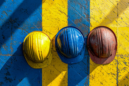 Vibrant yellow and blue wooden planks host a trio of durable helmets, casting shadows and revealing signs of wear, suggesting an active work environmeの写真素材
