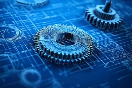 A dynamic composition of intricate metallic cogs layered on detailed blueprint plans, evoking innovation and precision in high-tech engineering designの写真素材