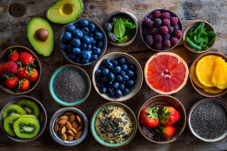 Colorful ripe berries, sliced fruits, and crunchy seeds artfully arranged on weathered wood, evoking...