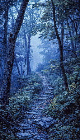 A peaceful woodland pathway edged by vibrant greenery, shrouded in soft blue mist, evoking calmness and inviting exploration through nature.の写真素材