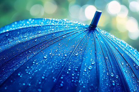 A detailed shot highlighting glossy water beads clinging to a vibrant blue canopy, set against a soft-focused verdant backdrop, evoking freshness and