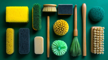 An assortment of diverse scrubbers and cleaning gadgets with distinctive shapes and textured surfaces arranged on a vibrant green backdrop, evoking frの写真素材