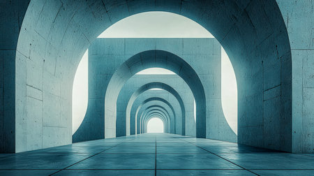 A sleek, modern corridor featuring endless repeating arches illuminated by soft natural light streaming from an unseen source at the far end.の写真素材