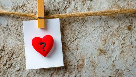 A cozy felt heart with a curious question mark dangles on a string, set against a textured stone...