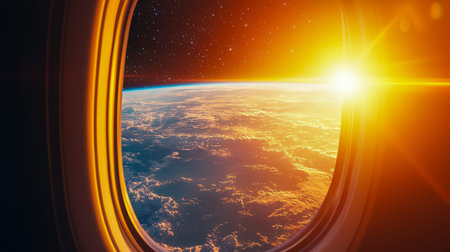 A breathtaking perspective from an astronaut's cabin, showcasing the glowing curve of our planet as...