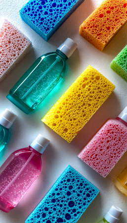 Brightly colored scrubbers and detergent containers arranged on a kitchen counter, evoking cleanliness, freshness, and practical home maintenance.の写真素材