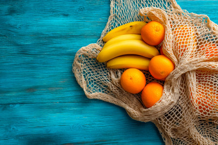 Vibrant citrus and ripe bananas nestled in an eco-friendly mesh bag, resting on a rustic blue wooden background, evoking freshness and sustainability.の写真素材
